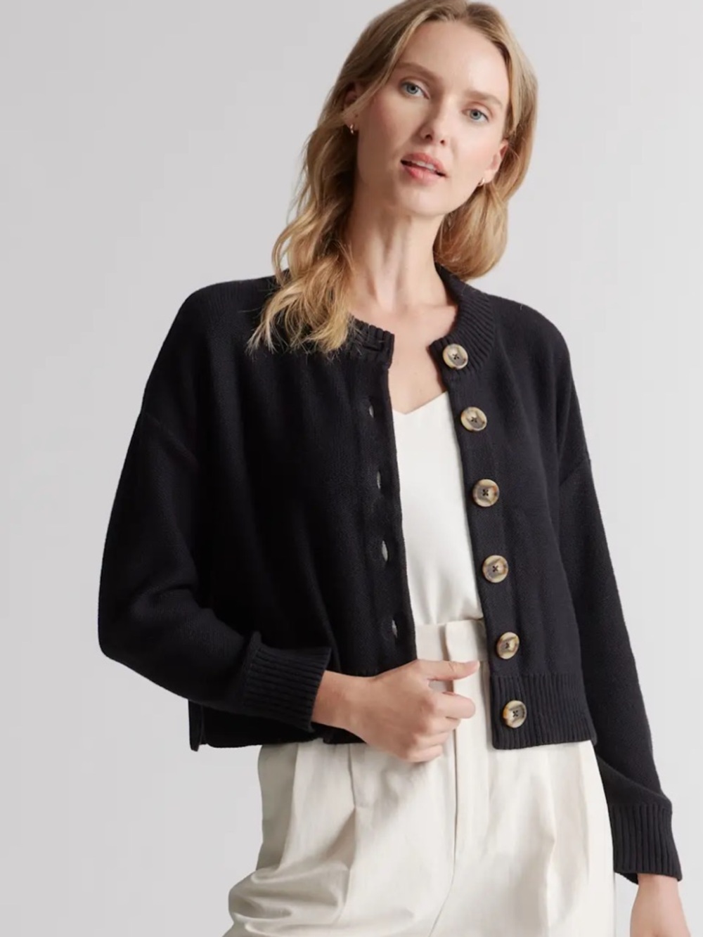 Quince 100% organic cotton cropped cardigan sweater in black size medium